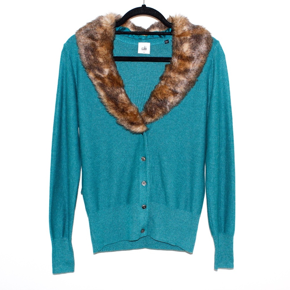 Cabi “Tearoom” Teal Removable Faux Fur Collar Cardigan